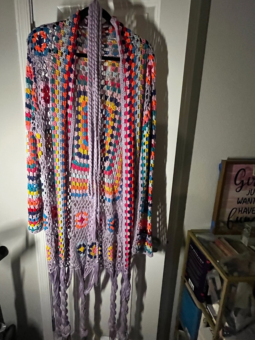Lavender Multi Crochet Open-Front Fringe Cardigan - Boho Style